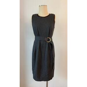 Lauren Ralph Lauren Dress Womens L Gray Belted Sheath Midi Faux Leather Trim